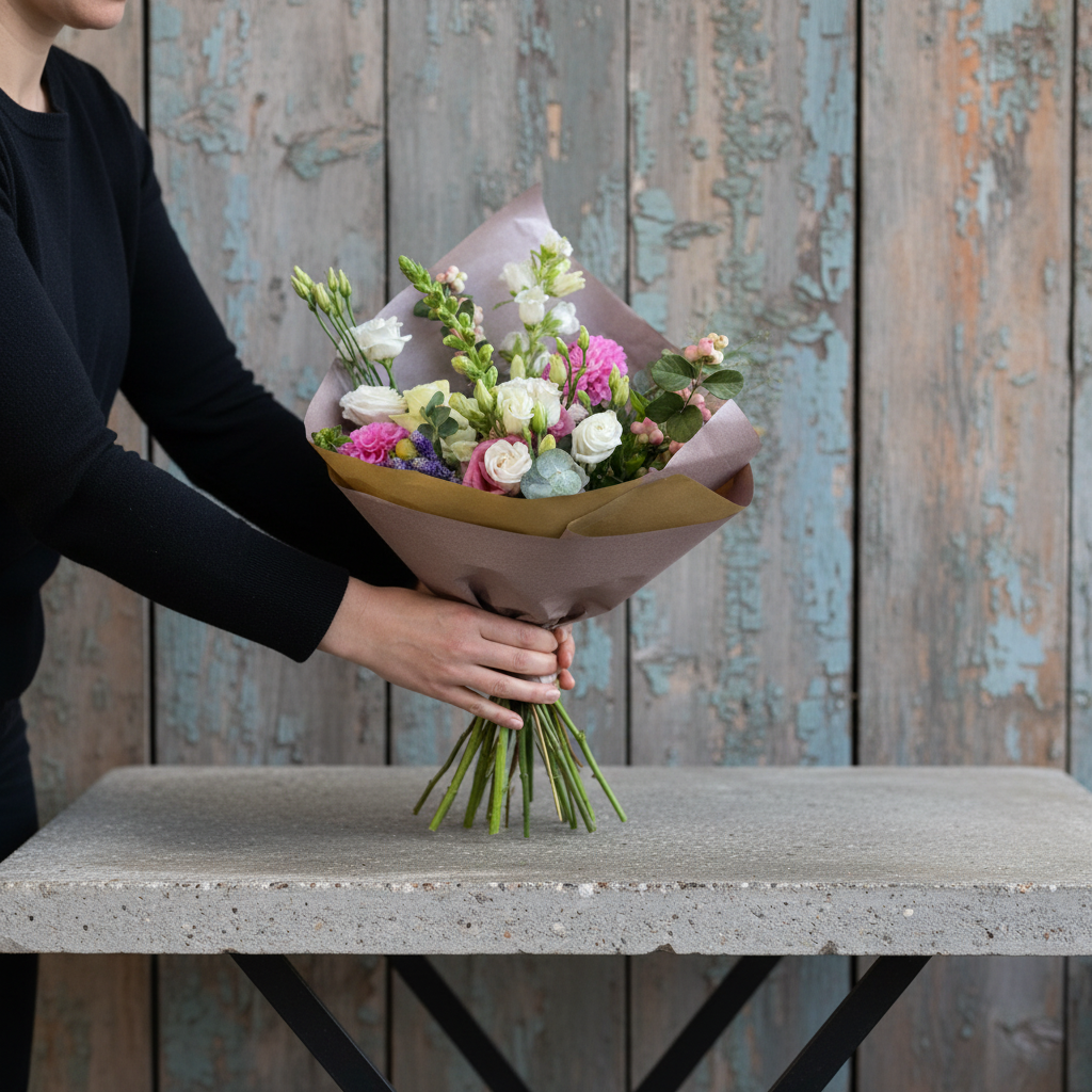 Person holding a bouquet of flowers (florists choice) on a concrete surface with a wooden background