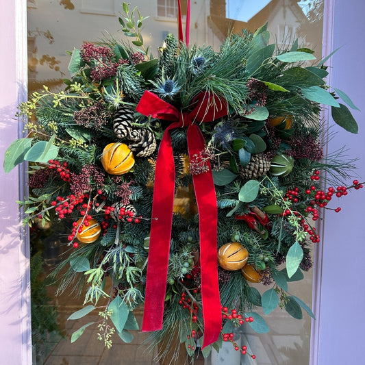 Classic Christmas Wreath. Red Velvet Ribbon, whole Oranges, fir cones, Red Ilex Berries, Scottish blue Thistle, blue spruce.
