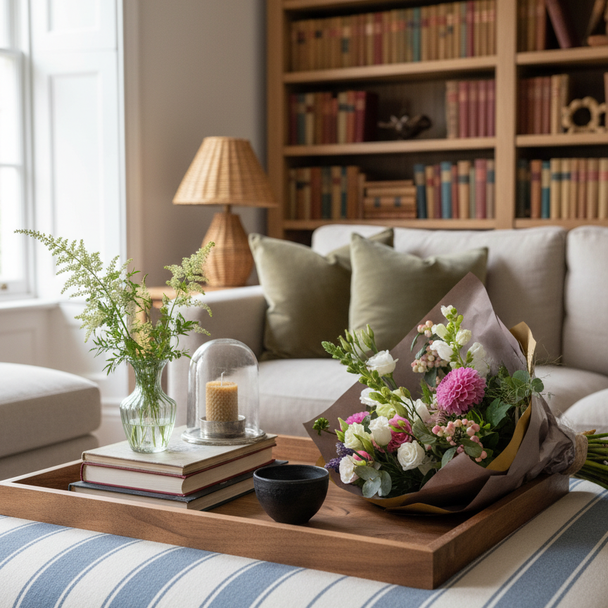 Living room with a wooden tray on a striped ottoman, books on shelves, and decorative items. Florists choice Bouquet in living room