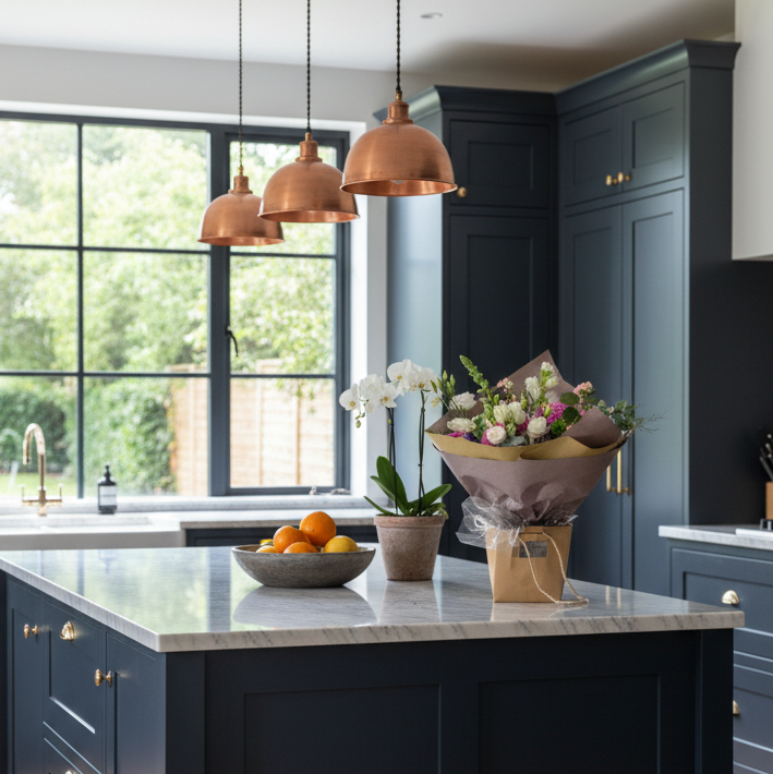Modern kitchen with a dark island and light-colored countertops with a florists choice bouquet on island