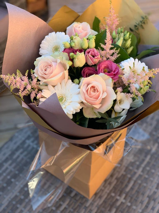 Subtle Pink Bouquet, Pink and White Roses, Lisianthus. Hand Tied Aqua Bouquet.